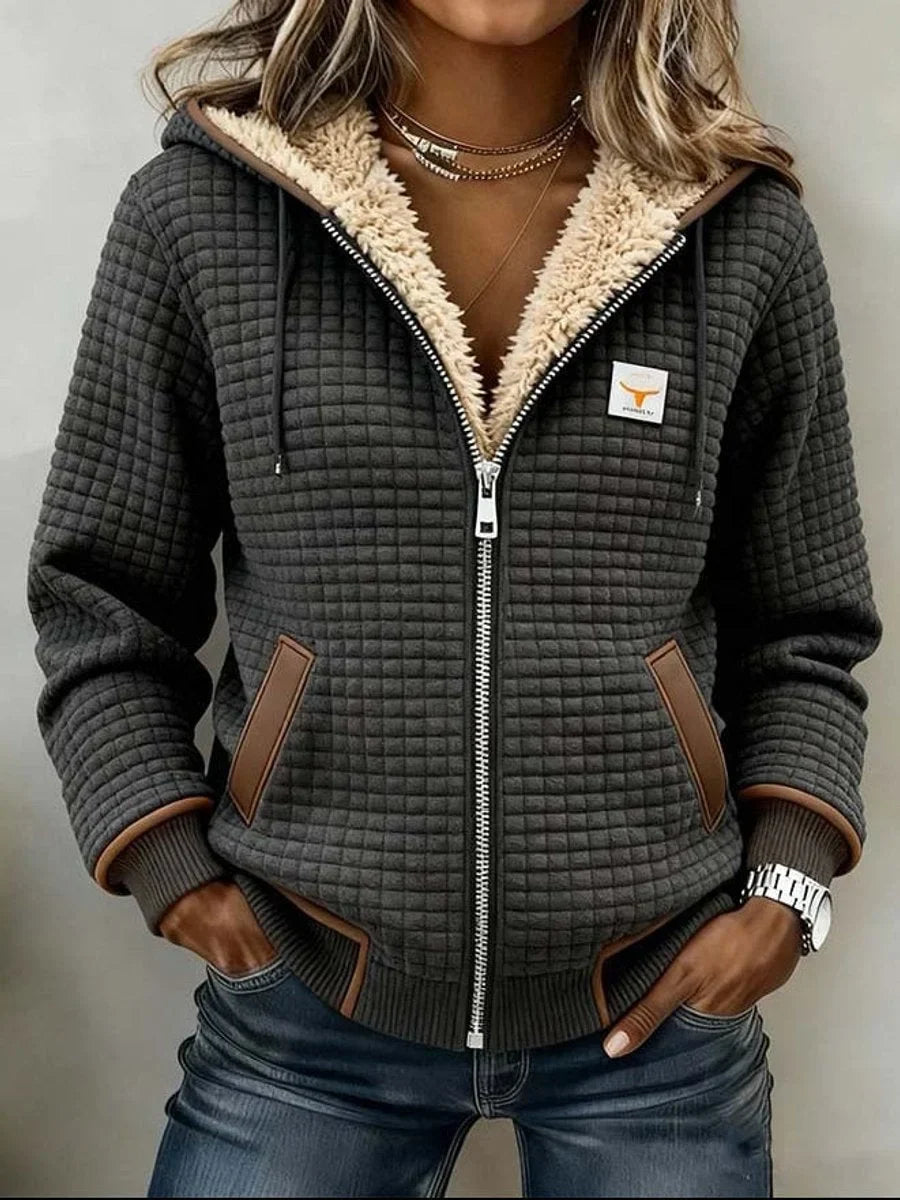 Front view of hooded jacket with full-length zip, side pockets and banded hem, dark grey