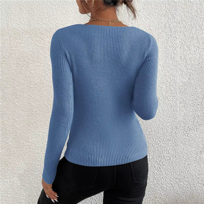 Women’s Ribbed Jumper with V-Neckline and Long Sleeves