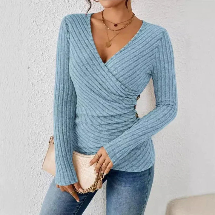 Women’s Ruched Wrap Knit Top with V-Shaped Neckline and Long Sleeves