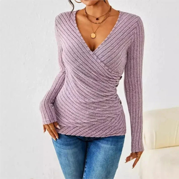 Women’s Ruched Wrap Knit Top with V-Shaped Neckline and Long Sleeves