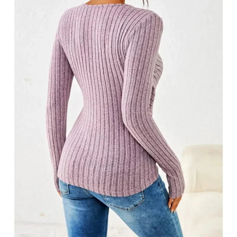 Women’s Ruched Wrap Knit Top with V-Shaped Neckline and Long Sleeves