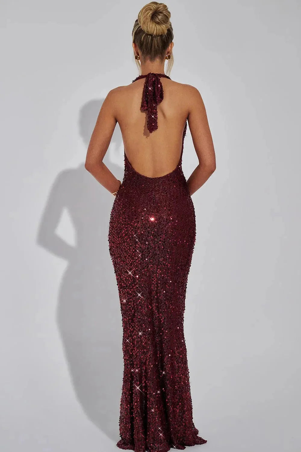 Back view of open back and halter tie