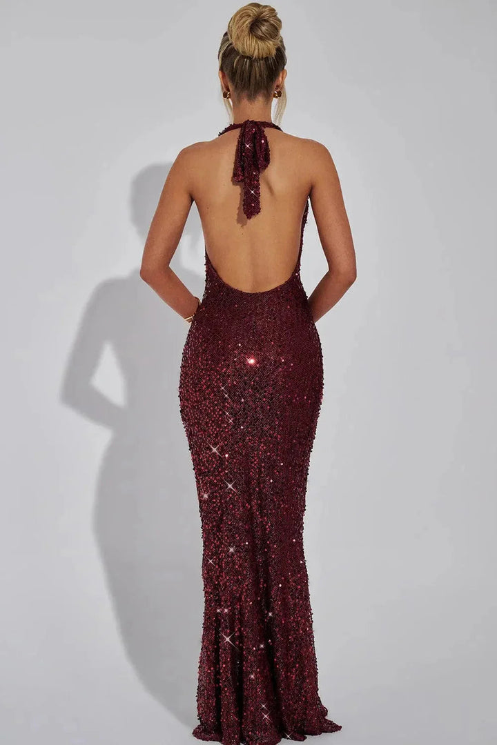 Back view of open back and halter tie