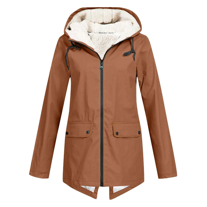 Front view showing hood, full zip and flap pockets, khaki