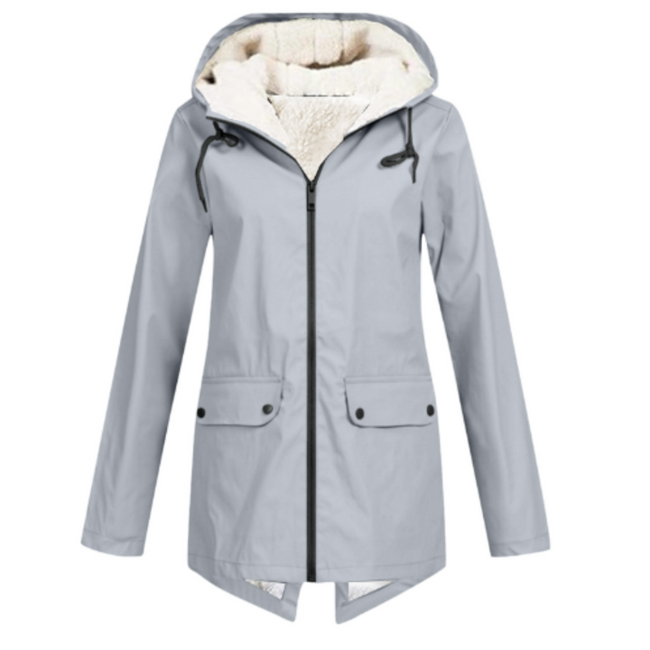 Front view showing hood, full zip and flap pockets, grey