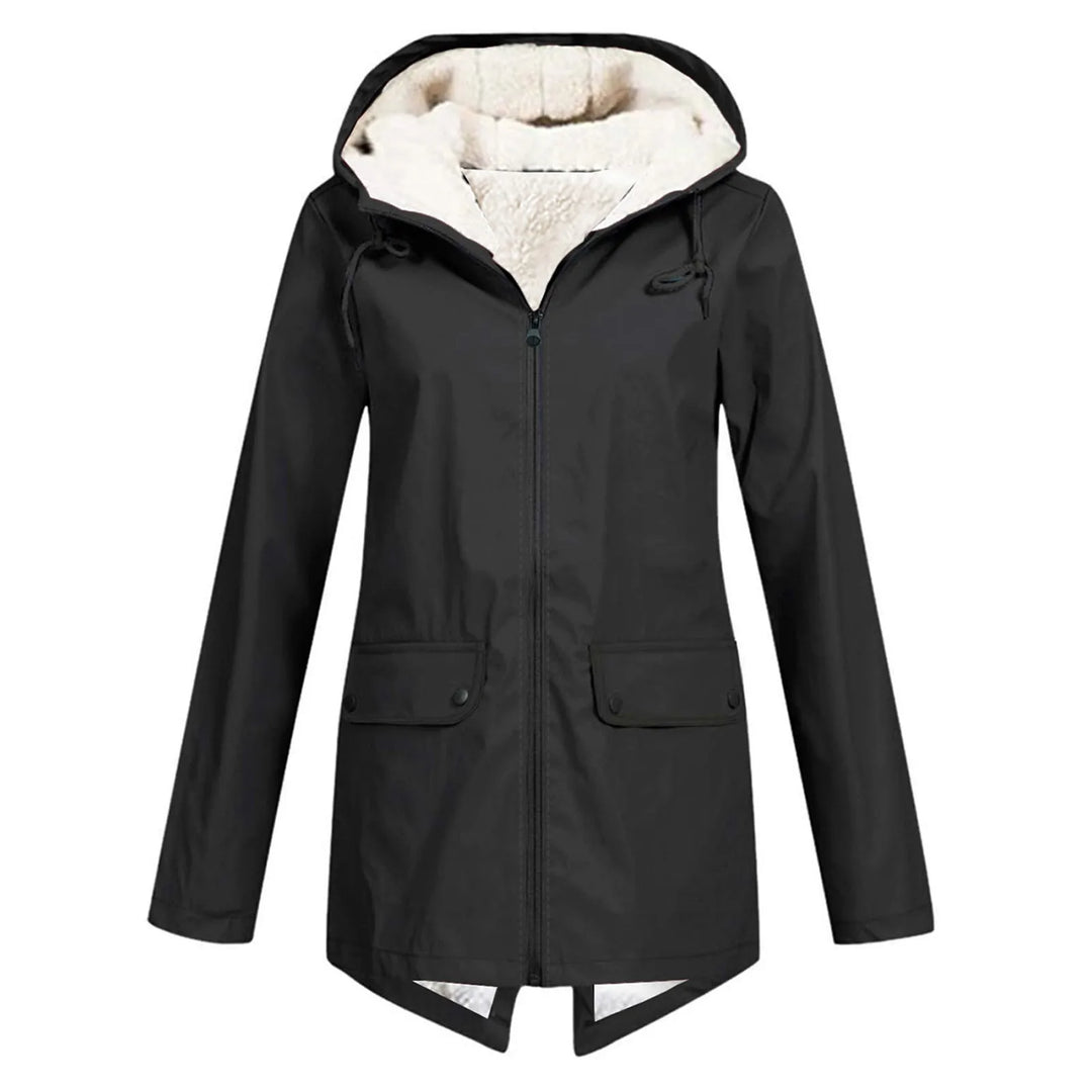 Front view showing hood, full zip and flap pockets, black