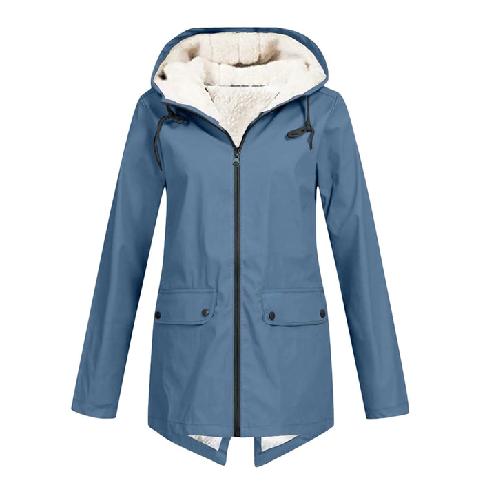 Front view showing hood, full zip and flap pockets, blue