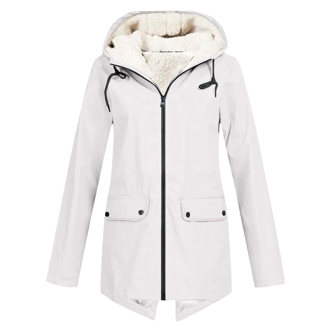 Front view showing hood, full zip and flap pockets, white