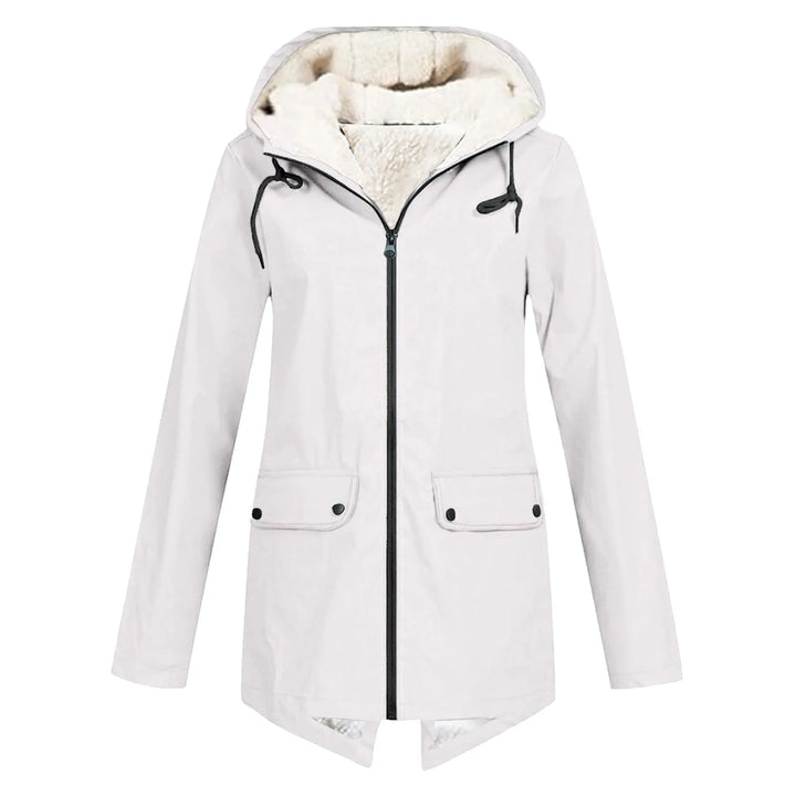 Front view showing hood, full zip and flap pockets, white