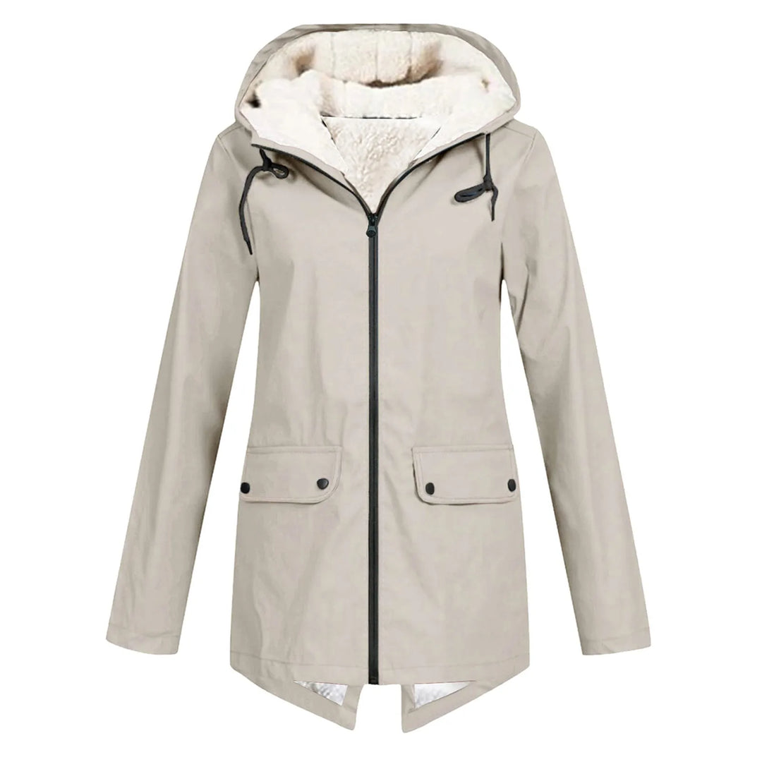 Front view showing hood, full zip and flap pockets, beige