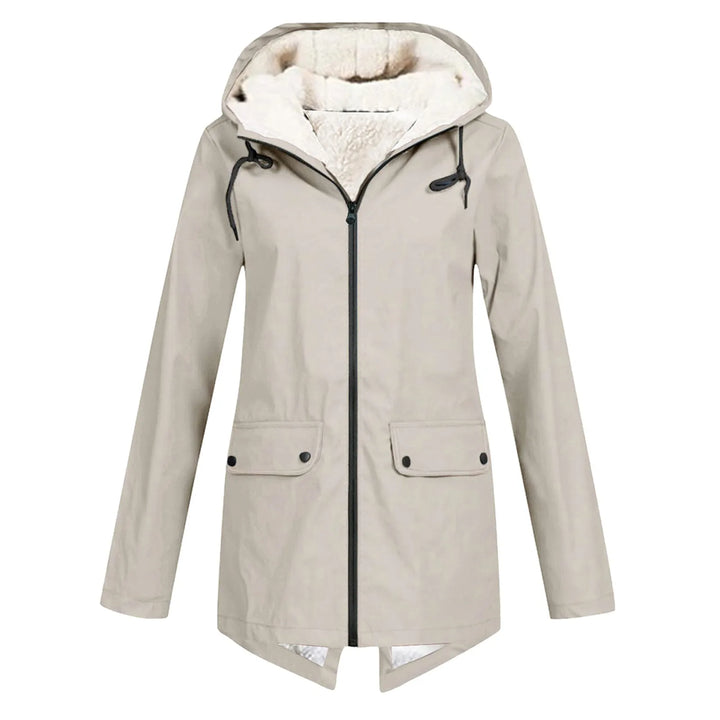 Front view showing hood, full zip and flap pockets, beige