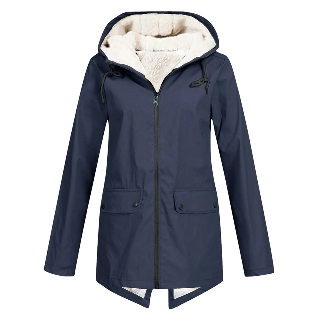 Front view showing hood, full zip and flap pockets, navy blue