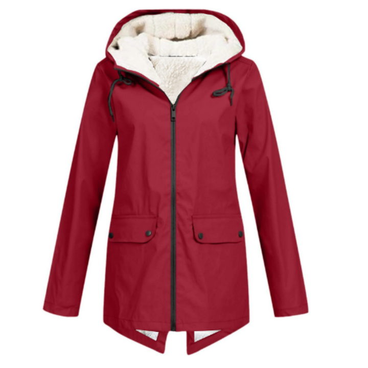 Front view showing hood, full zip and flap pockets, red