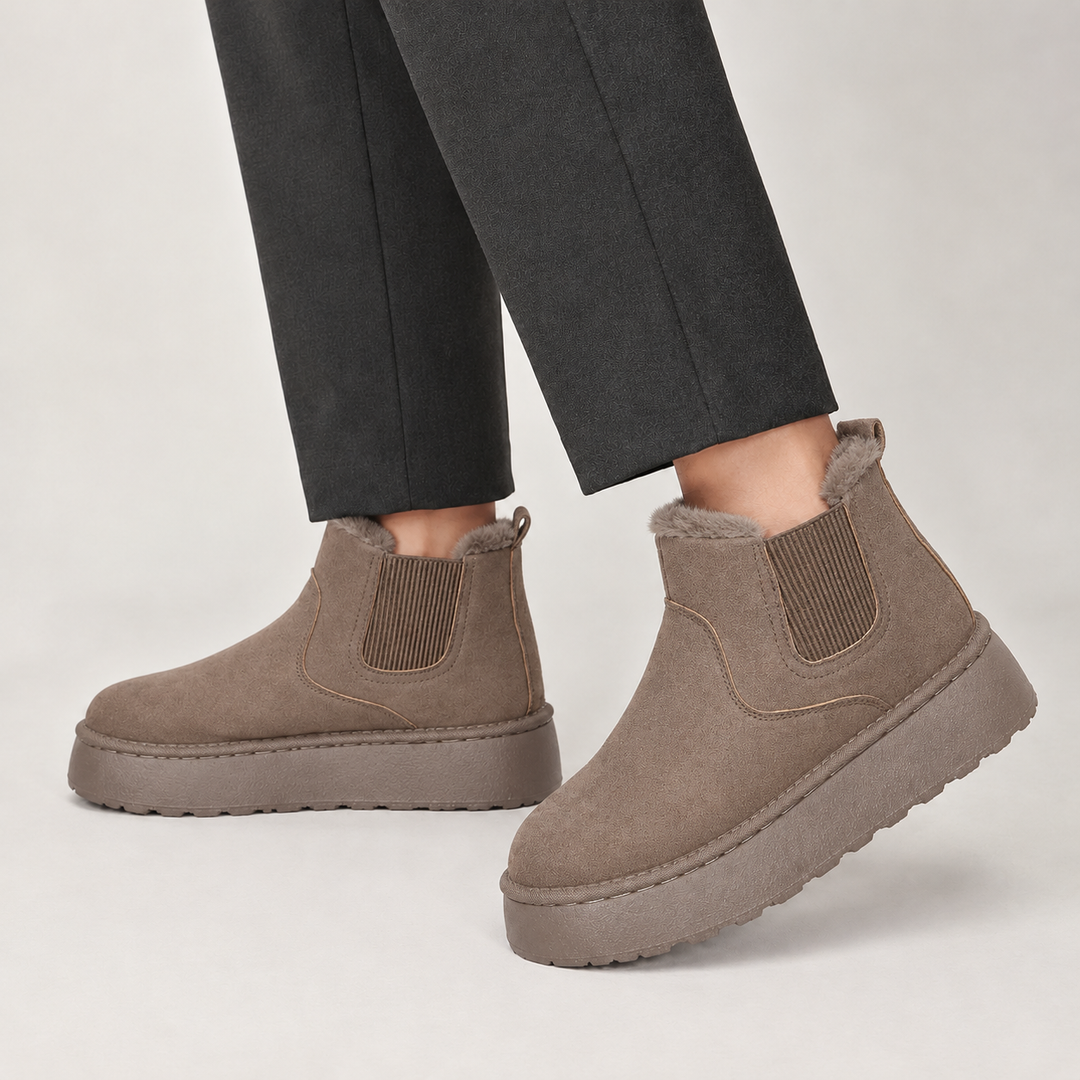 Side view showing the upper, side panel and platform sole, bean paste