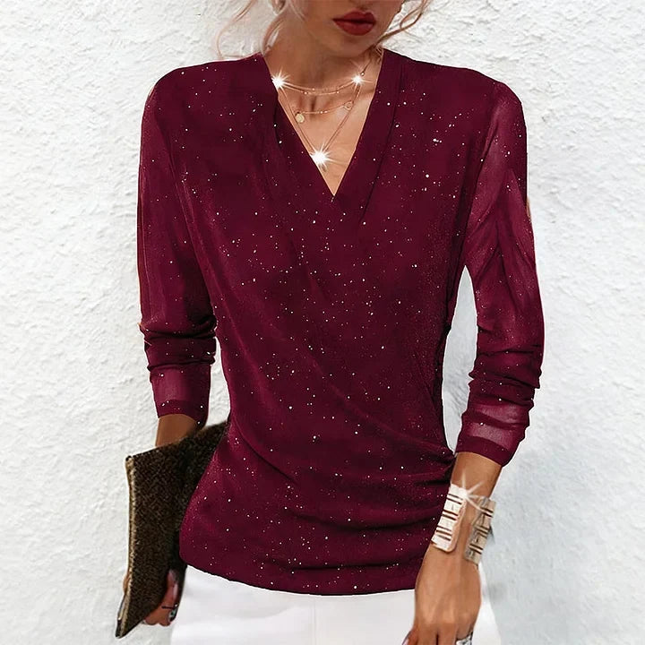 Front view showing v-neckline and gathered front, red