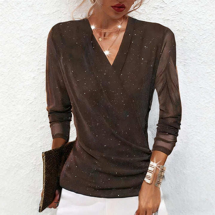 Front view showing draped v-neckline and gathered front, coffee