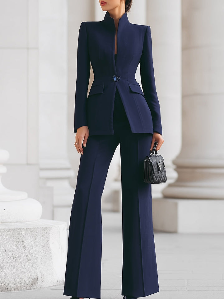 Women’s Suit Set with Stand Collar Blazer and Flared Pants