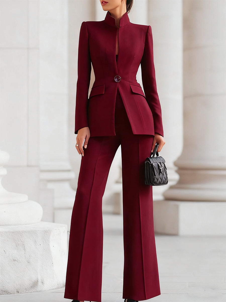 Women’s Suit Set with Stand Collar Blazer and Flared Pants