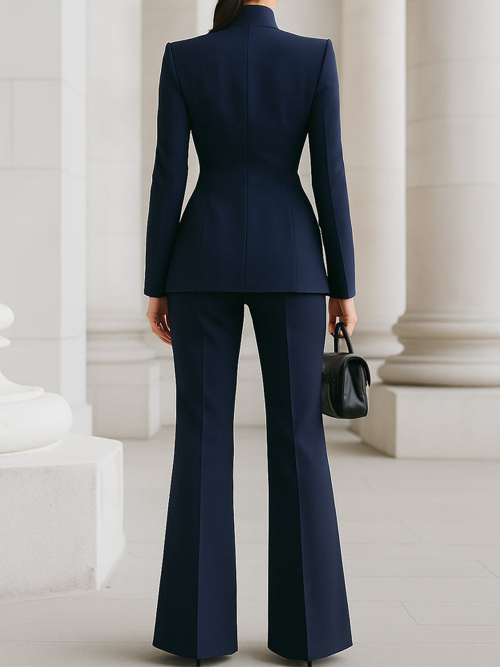Women’s Suit Set with Stand Collar Blazer and Flared Pants