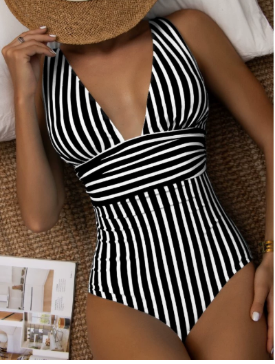 Women’s Swimsuit with Plunge Neck and Stripe Pattern