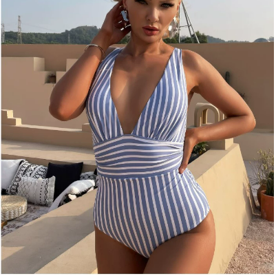 Women’s Swimsuit with Plunge Neck and Stripe Pattern