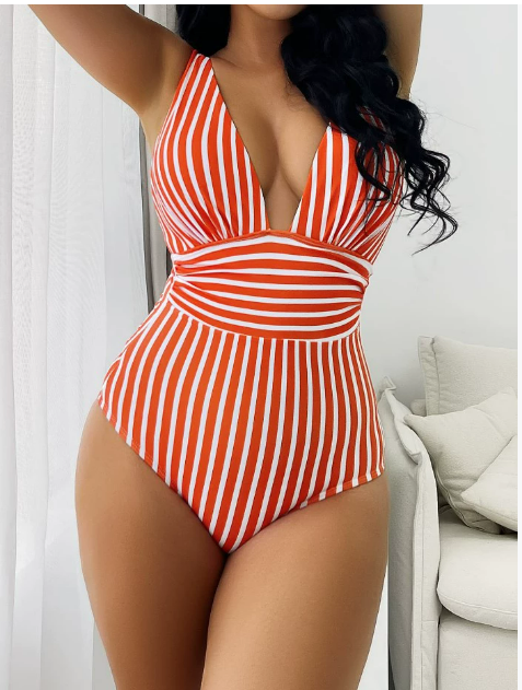 Women’s Swimsuit with Plunge Neck and Stripe Pattern