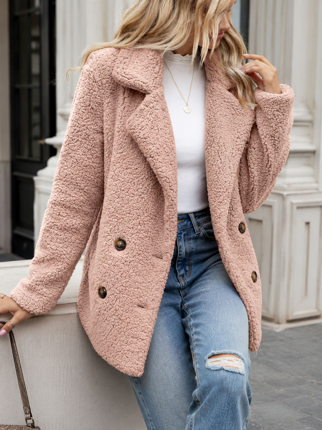 Women’s Teddy Coat with Notched Collar and Double-Breasted Button Front