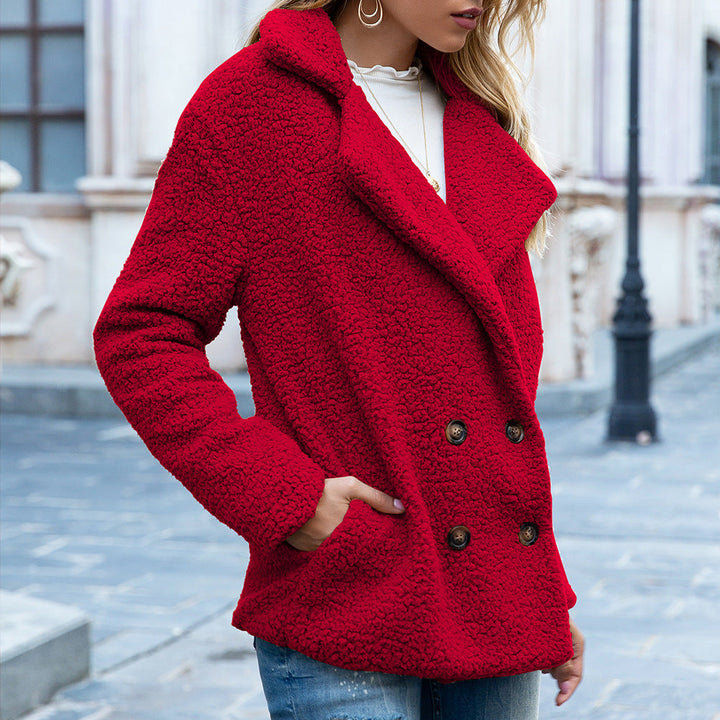 Women’s Teddy Coat with Notched Collar and Double-Breasted Button Front
