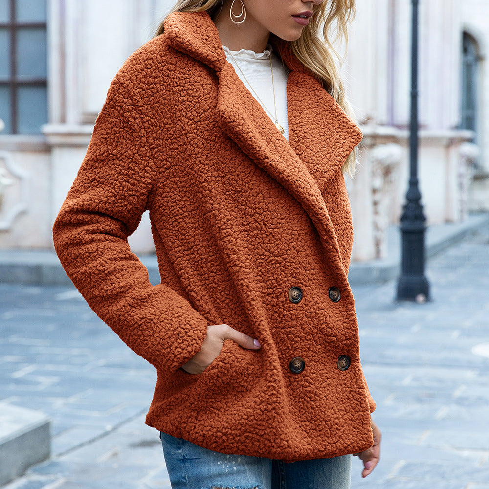 Women’s Teddy Coat with Notched Collar and Double-Breasted Button Front