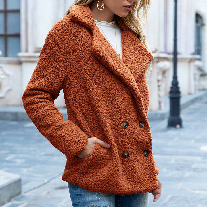Women’s Teddy Coat with Notched Collar and Double-Breasted Button Front