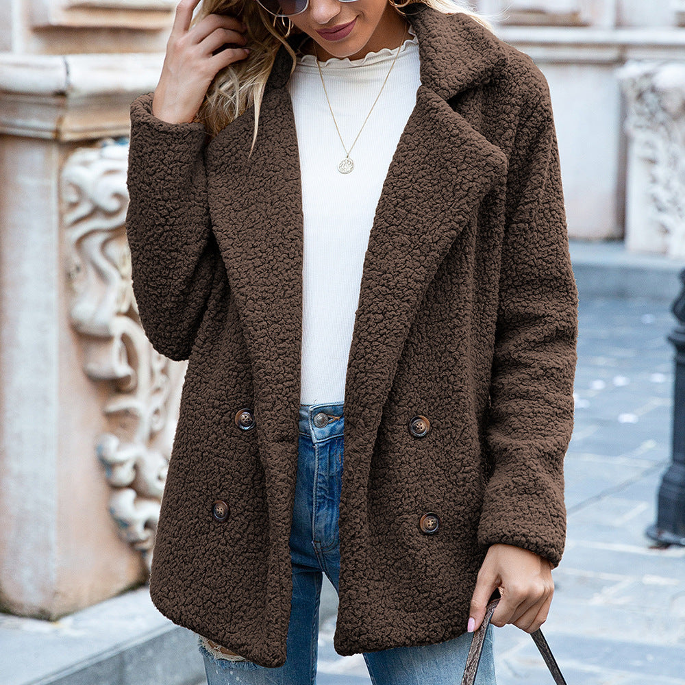 Women’s Teddy Coat with Notched Collar and Double-Breasted Button Front