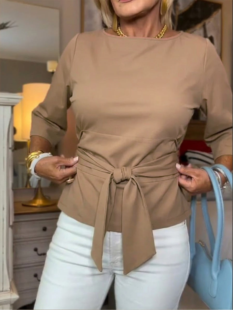 Front view of round neckline and front tie, khaki