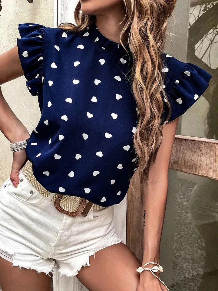 Women’s Top with Ruffle Neck and Heart Print