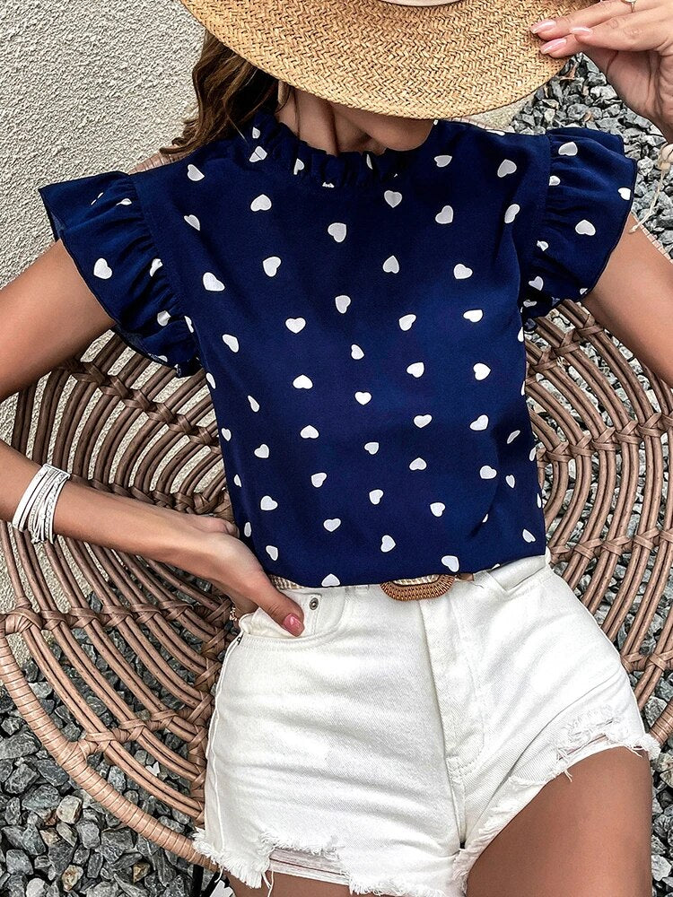 Women’s Top with Ruffle Neck and Heart Print