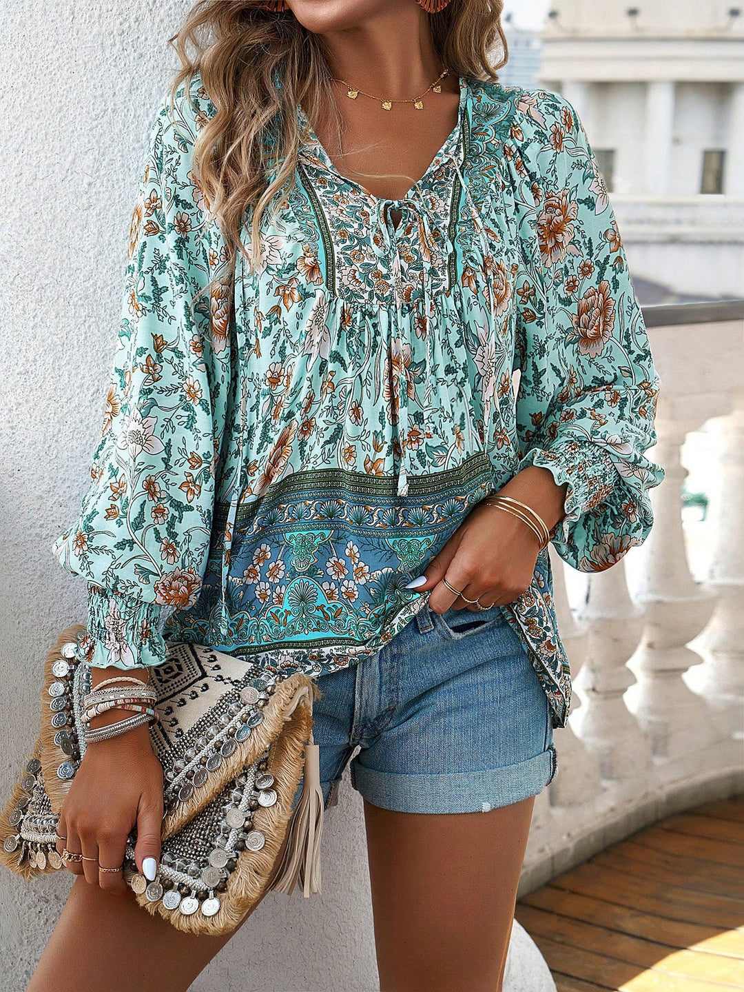 Women’s Top with Tie Neck and Floral Print