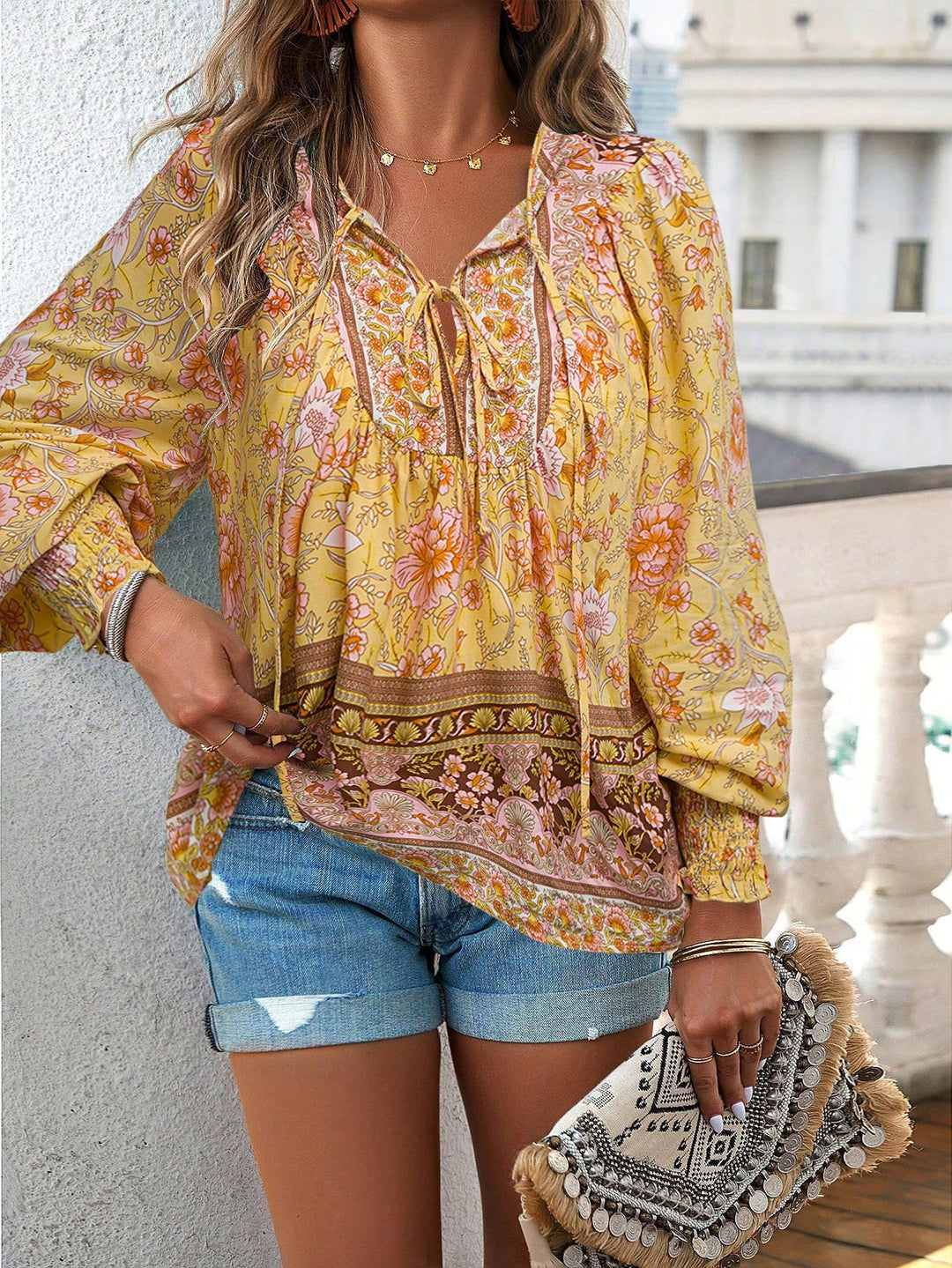 Women’s Top with Tie Neck and Floral Print