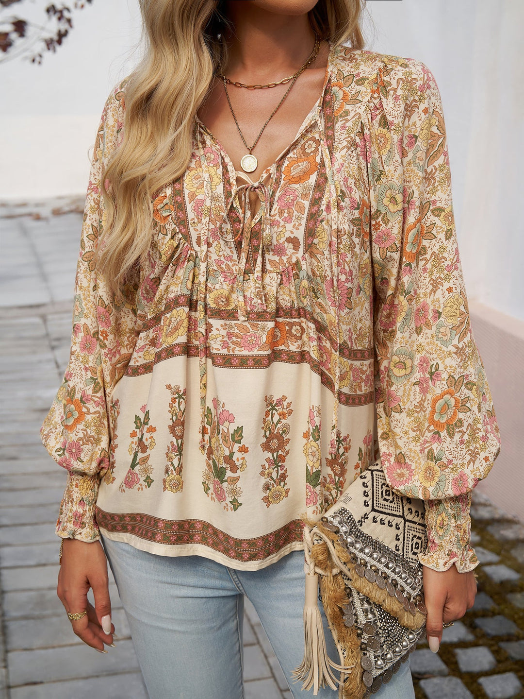 Women’s Top with Tie Neck and Floral Print