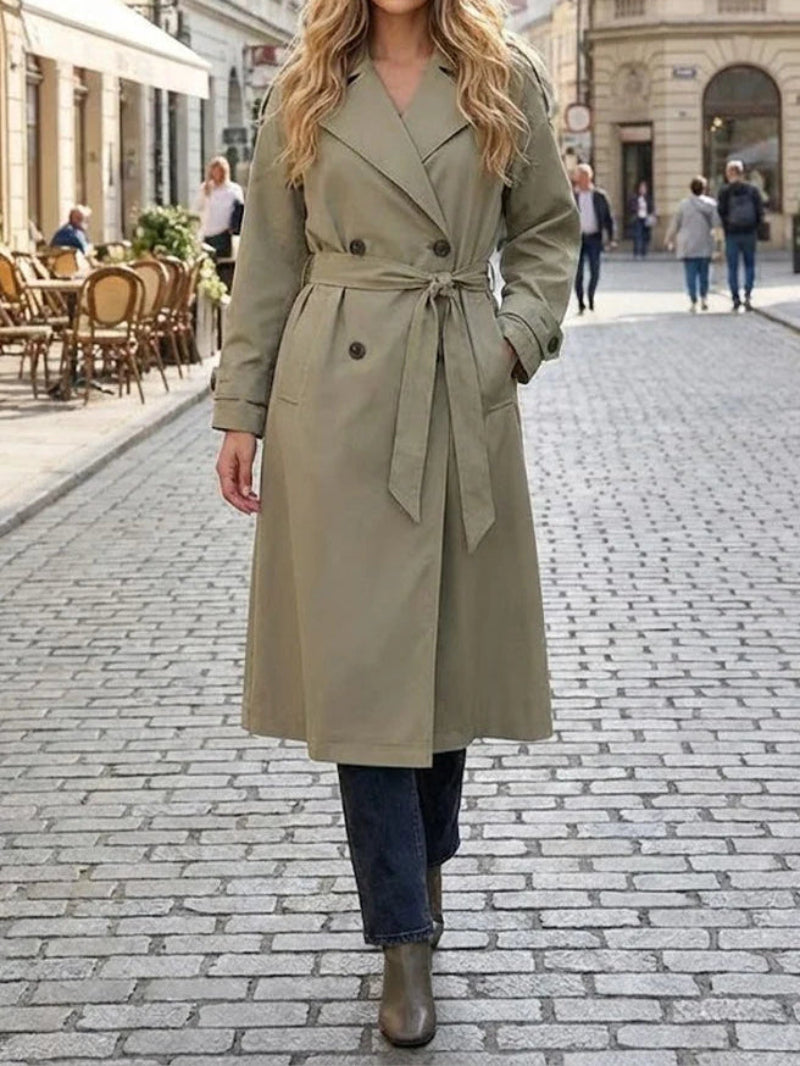 Women’s Trench Coat with Double-Breasted Front and Waist Tie