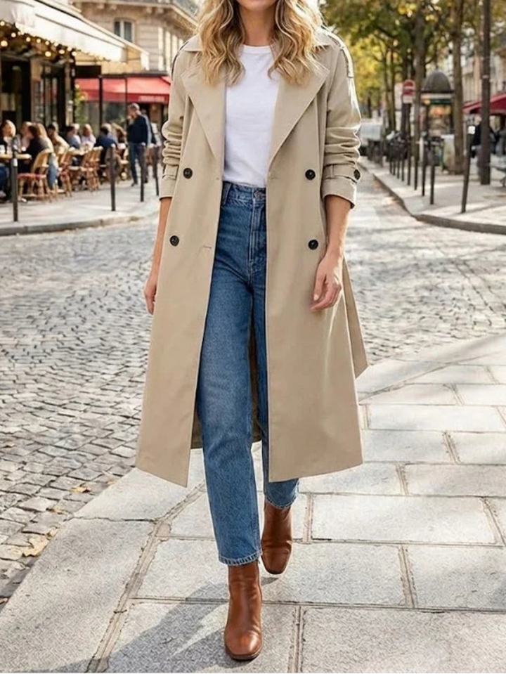 Women’s Trench Coat with Double-Breasted Front and Waist Tie