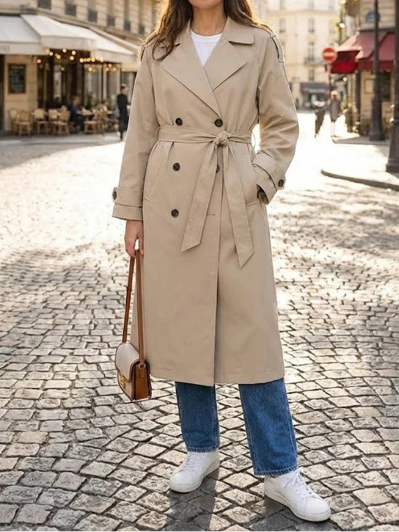 Women’s Trench Coat with Double-Breasted Front and Waist Tie