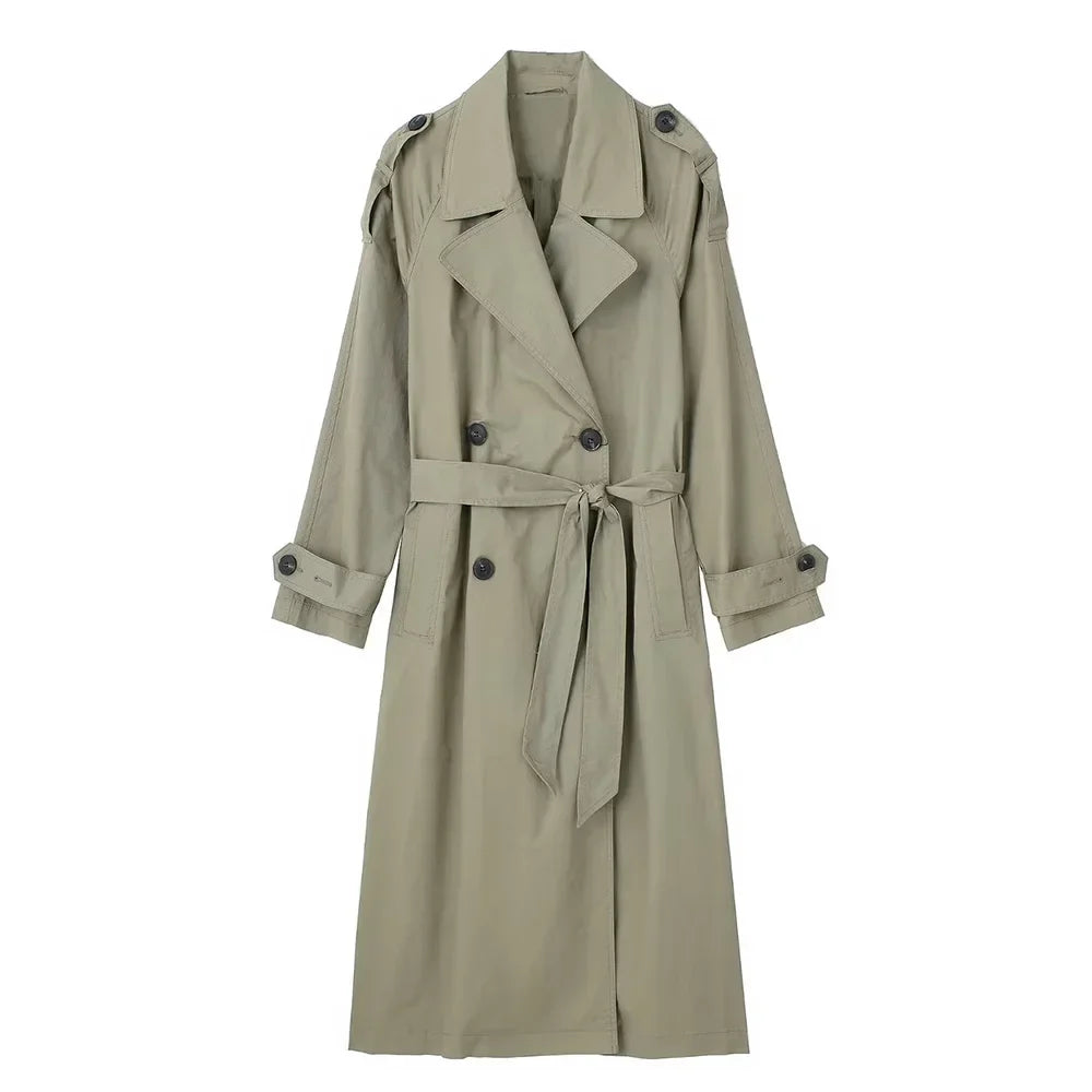 Women’s Trench Coat with Double-Breasted Front and Waist Tie