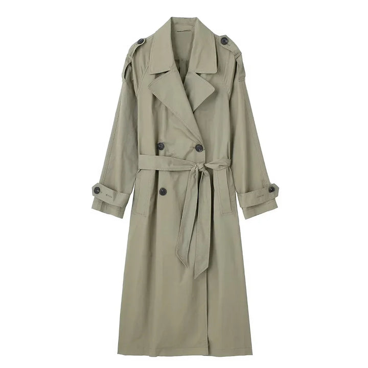 Women’s Trench Coat with Double-Breasted Front and Waist Tie