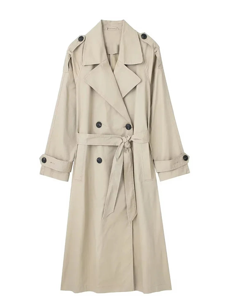 Women’s Trench Coat with Double-Breasted Front and Waist Tie