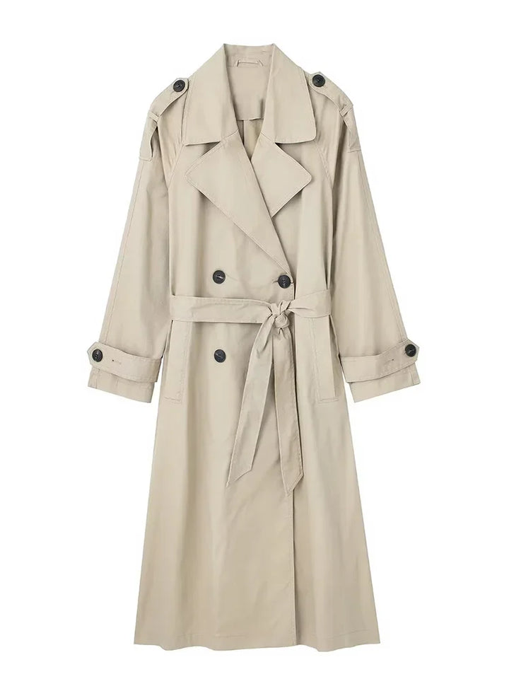 Women’s Trench Coat with Double-Breasted Front and Waist Tie