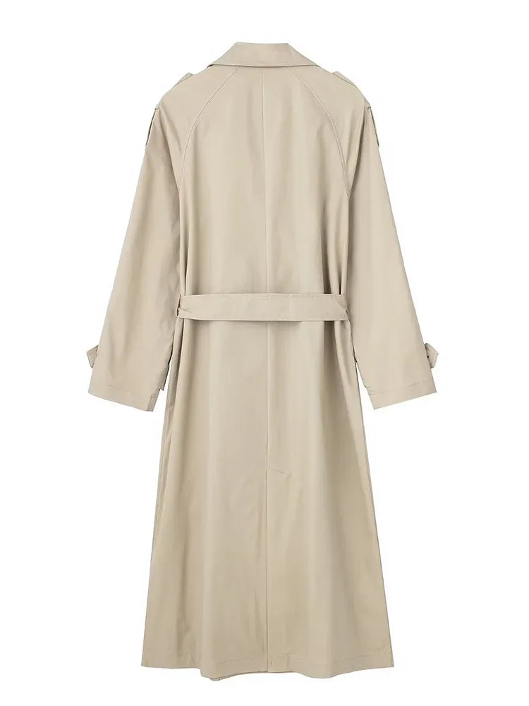 Women’s Trench Coat with Double-Breasted Front and Waist Tie