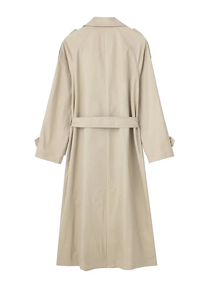 Women’s Trench Coat with Double-Breasted Front and Waist Tie
