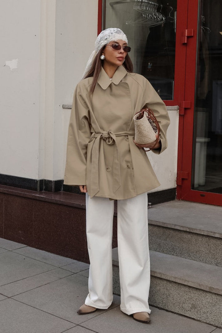 Women’s Trench Coat with Fold-Down Collar and Waist Tie