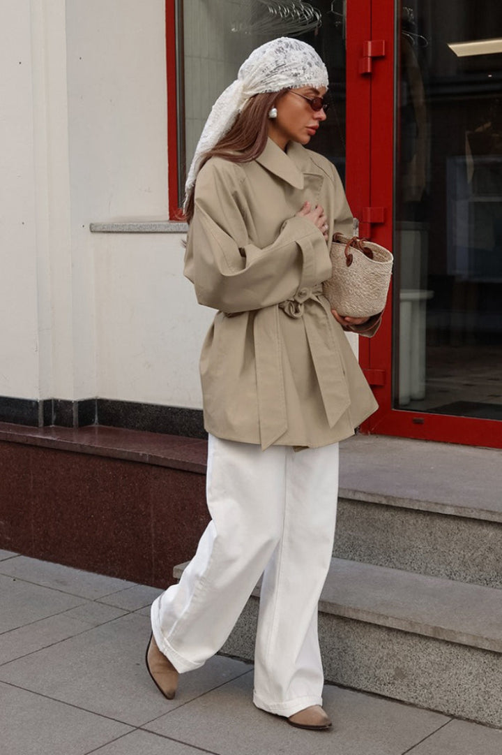 Women’s Trench Coat with Fold-Down Collar and Waist Tie