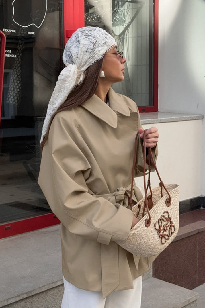 Women’s Trench Coat with Fold-Down Collar and Waist Tie