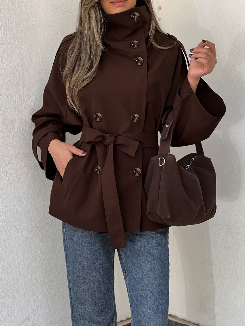 Women’s Trench Coat with High Neckline and Waist Tie
